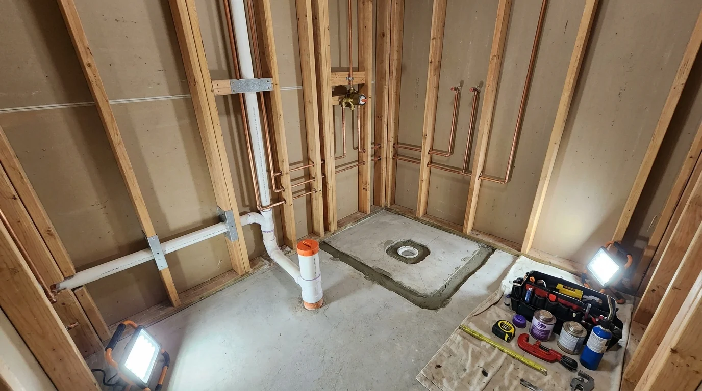 Bathroom rough-in plumbing during remodel by Johns Plumbing LLC in El Campo