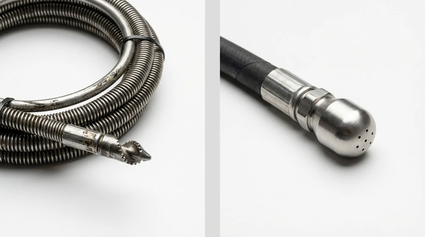 Drain snake cable and hydro jetting nozzle used for drain cleaning in El Campo, TX