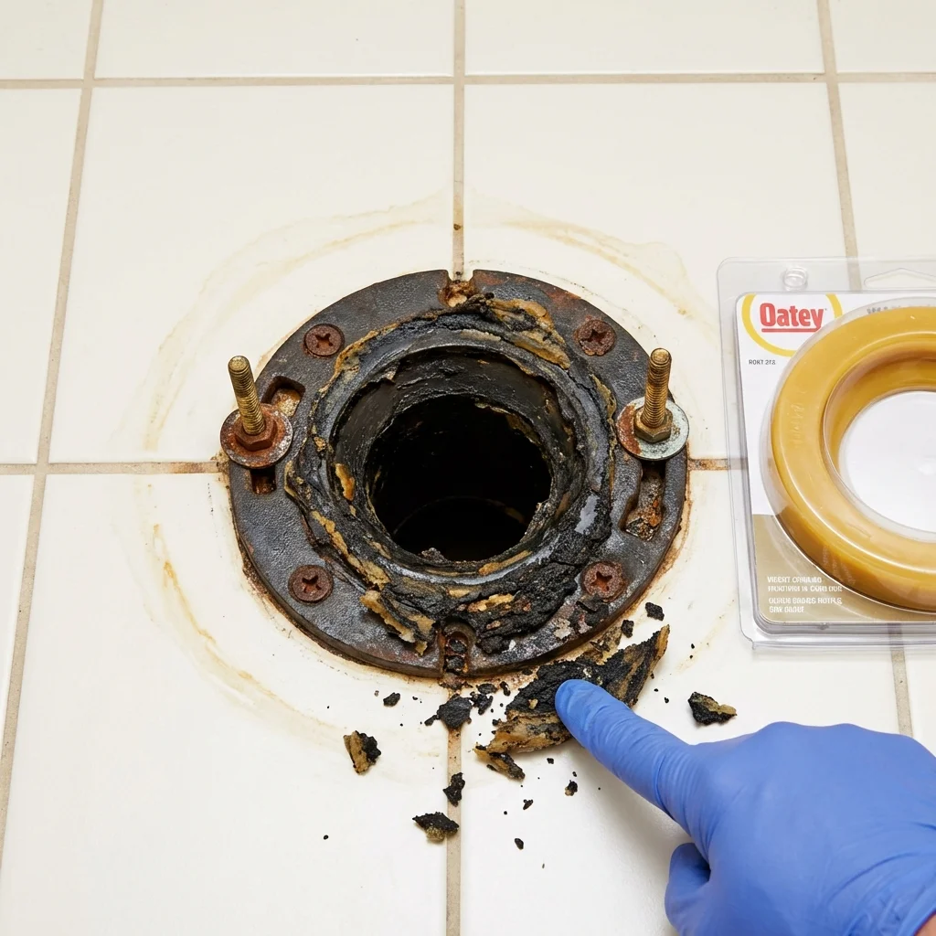 Failed wax ring showing water seepage at the base of a toilet in a El Campo, TX home